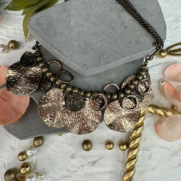 Art Nouveau Inspired Bib Necklace Two-Tone Brass Silver Gold Vintage Elegance‎ - Picture 1 of 5
